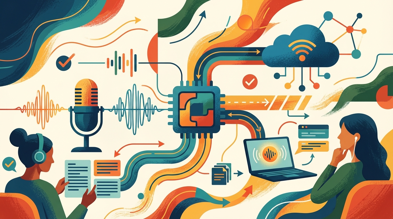 A journalist reviewing interview transcription notes on a laptop with a recording device on the desk