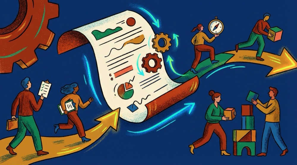 A notebook with meeting minutes and highlighted action items next to a laptop showing a task tracker