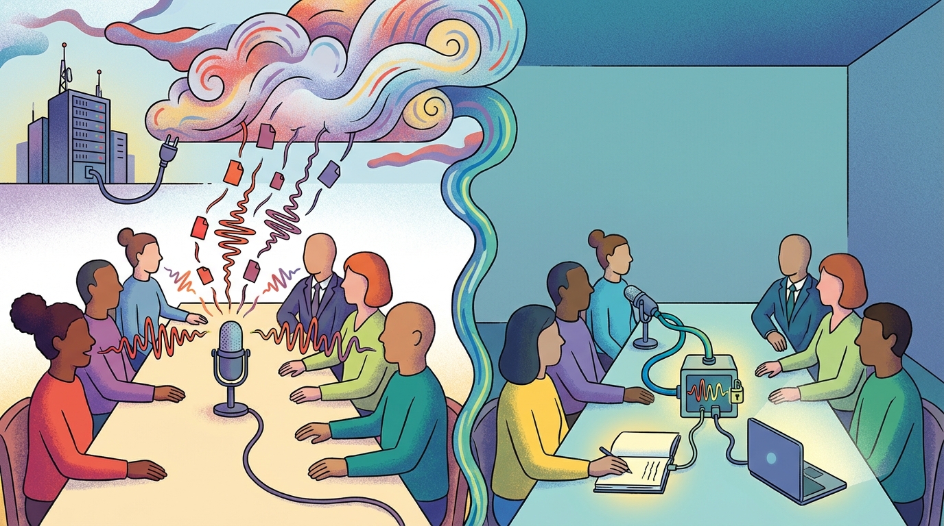 Offline meeting note taker setup with computer and microphone