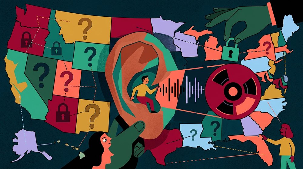 A sales rep reviewing call recordings on a laptop with a privacy lock icon on screen