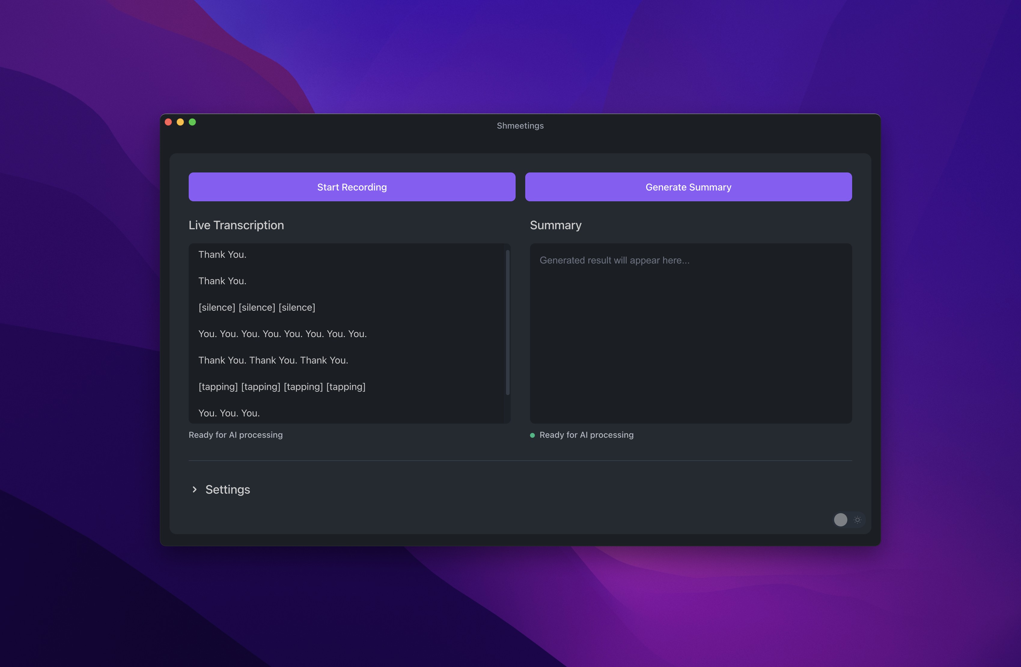 A  meeting transcript on Shmeetings with [silence] and Thank You snippets