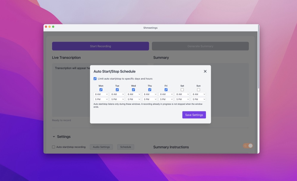 The Auto Start/Stop Schedule dialog in Shmeetings with weekdays selected from 8 AM to 5 PM