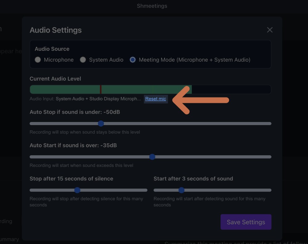Shmeetings reset mic button