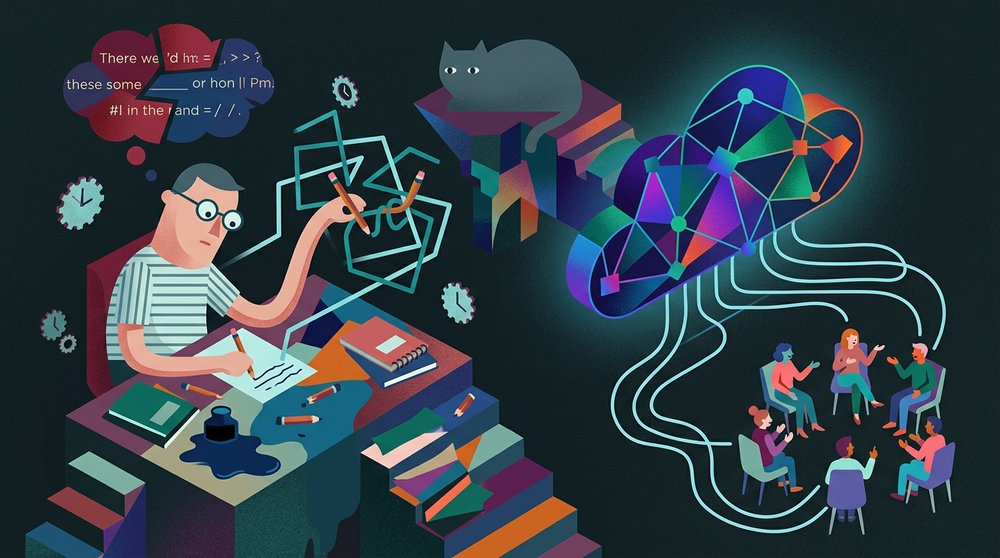 A notebook open to a meeting summary template with typed bullet points and a laptop screen showing an AI transcription in the background