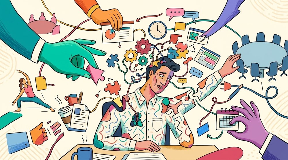 Tired office worker staring at a calendar packed with back-to-back meetings, the classic too many meetings meme energy