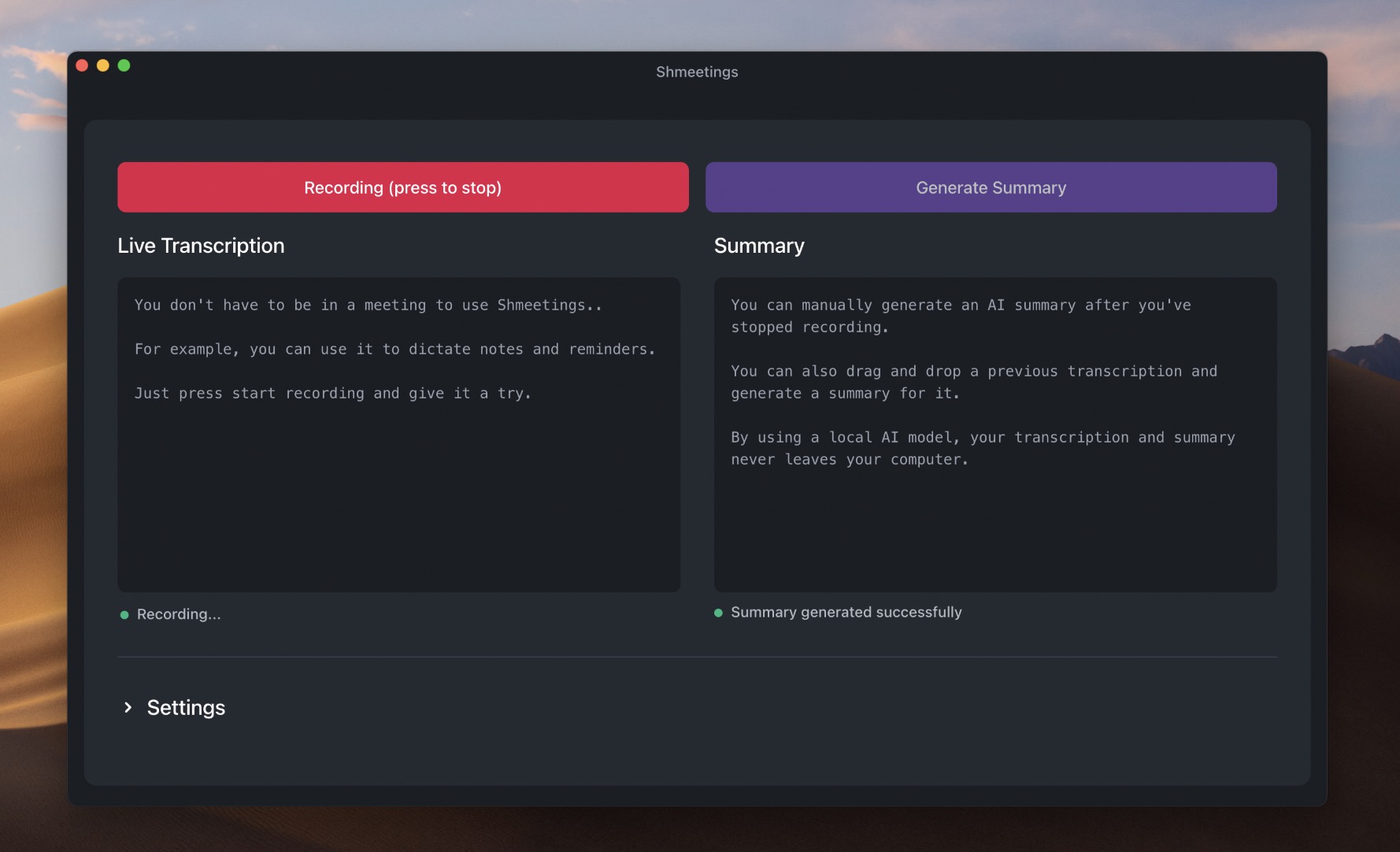 Local private AI meeting assistant summary generation