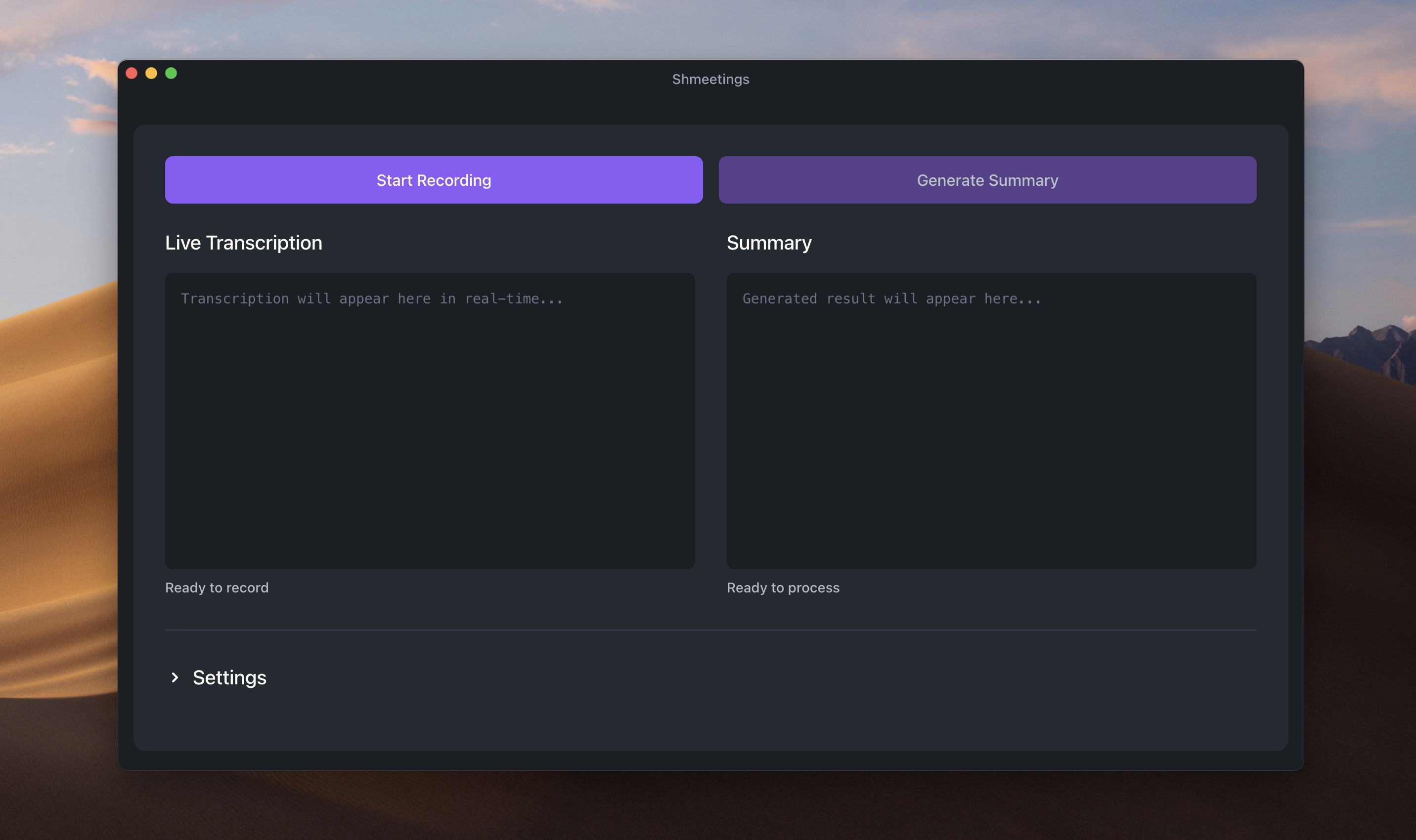 Start and stop recording with live transcription view