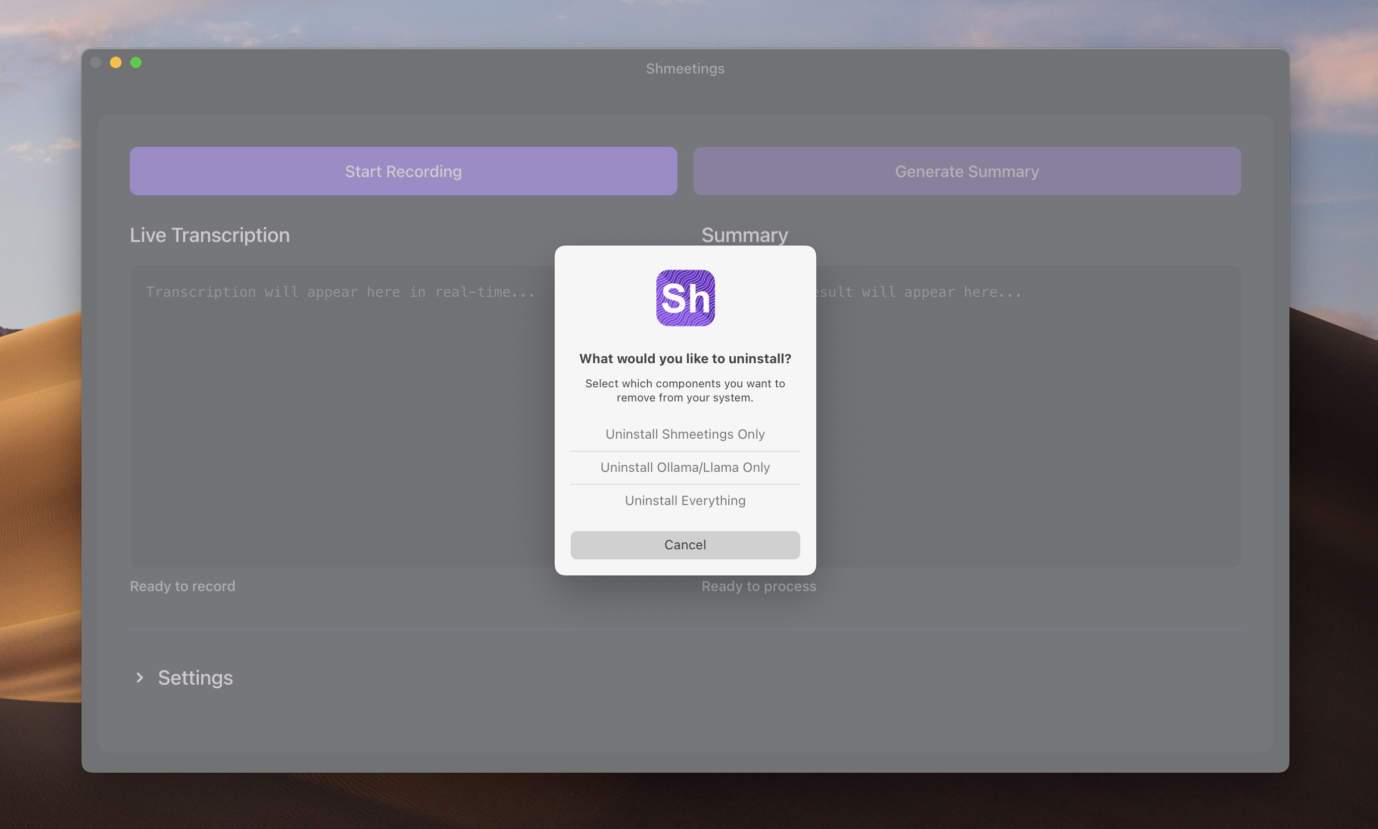 Uninstall Shmeetings menu options