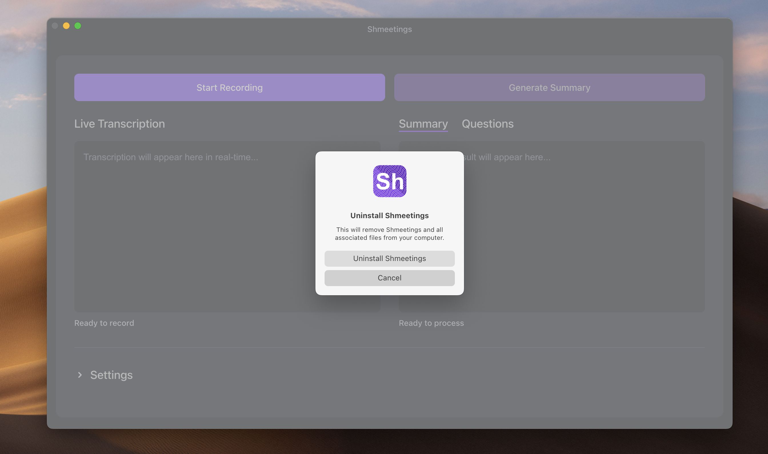 Uninstall Shmeetings menu options
